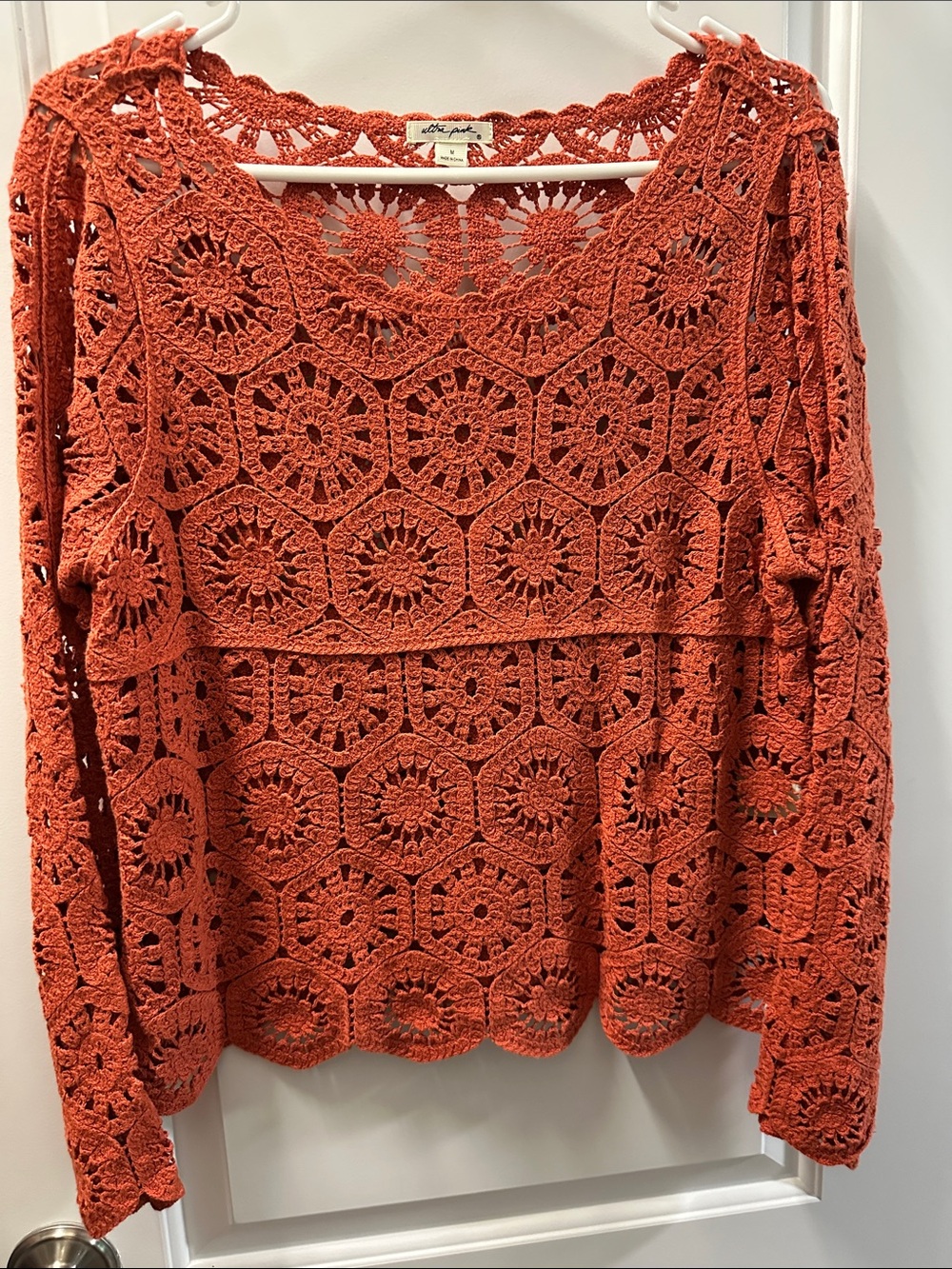 Ultra Pink Rust Orange Crochet Openwork Long-Sleeve Top